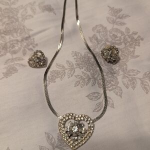 Silver Heart Crystal Necklace & Earrings Set